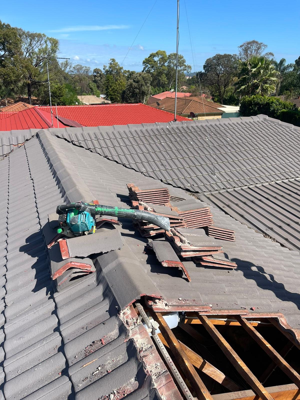 Ridge capping being re-bedded and re-pointed
