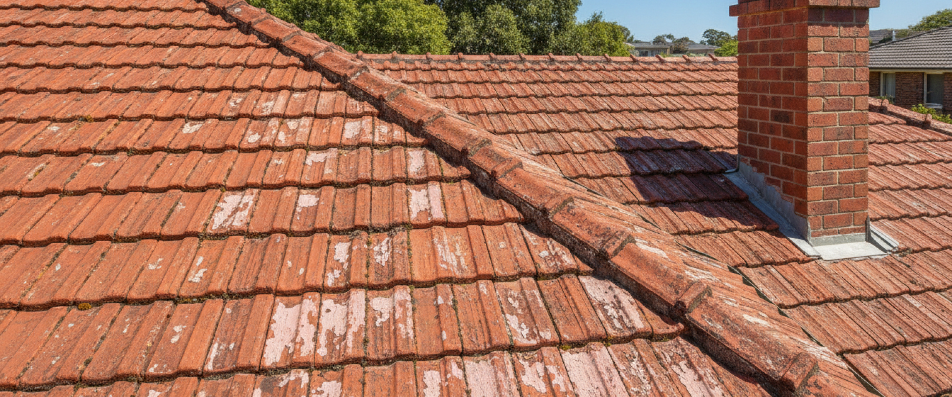 Weathered terracotta tiled roof with peeling patches and discoloration showing signs your roof needs restoration, brick