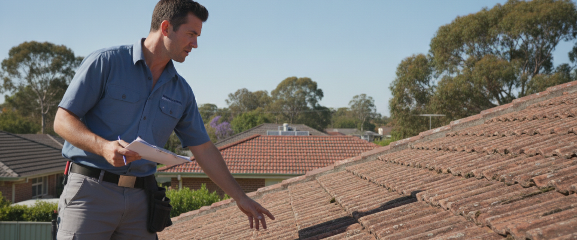 Tradesman assessing weathered red tiles for roof restoration vs roof replacement, holding paperwork on a suburban rooftop