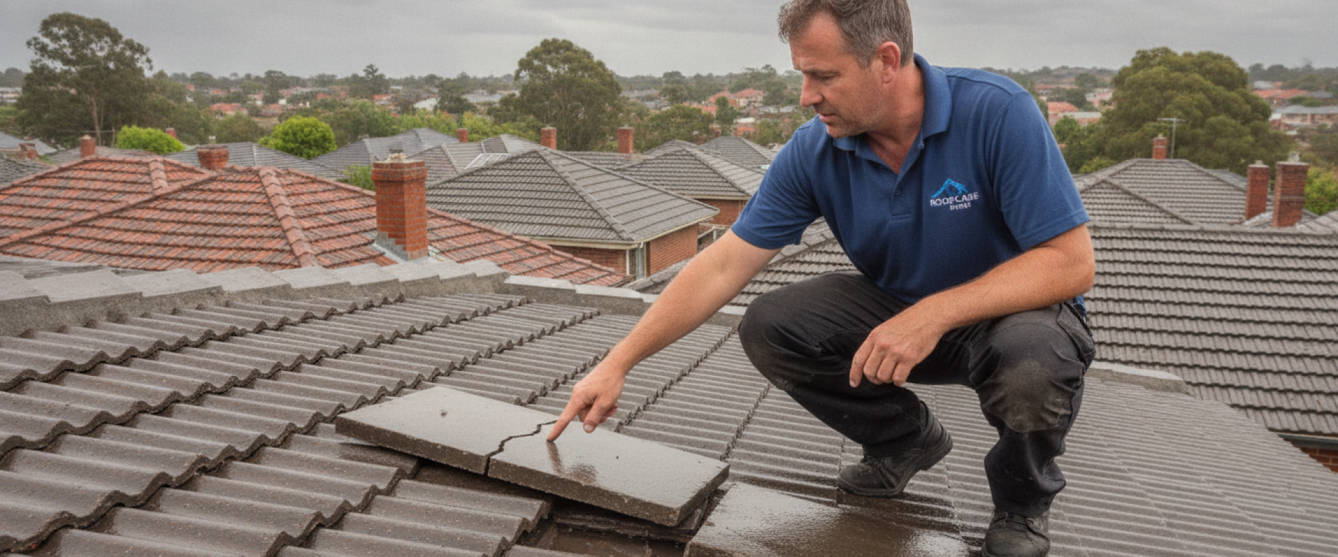 Tradesman crouched on a wet grey tiled roof pointing at a large broken tile requiring urgent roof repairs