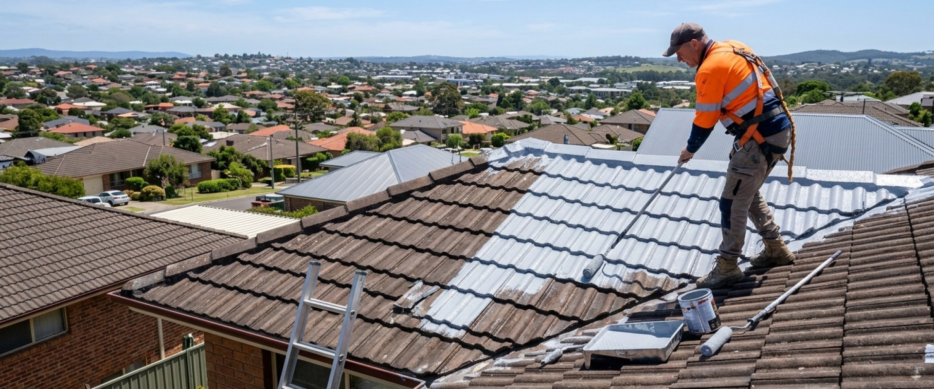 Tradesperson applying protective roof painting Liverpool coating to a tiled residential roof in South-West Sydney